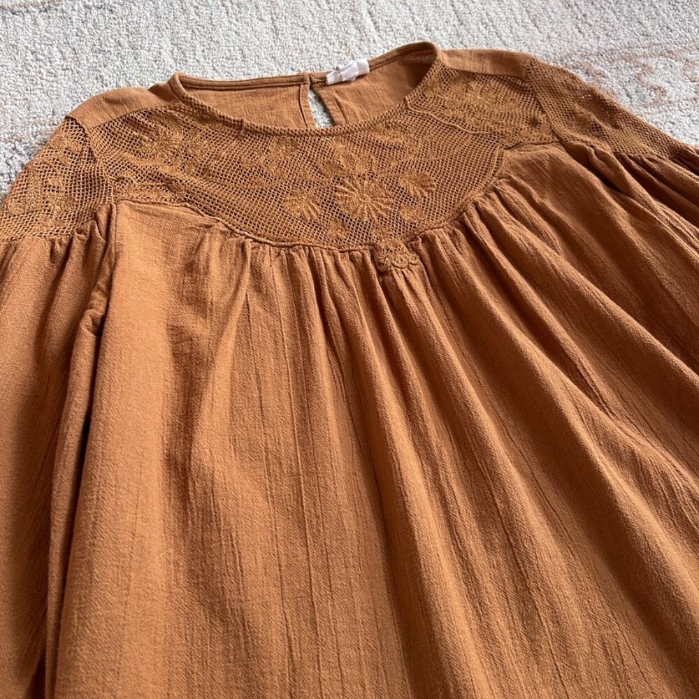 Brown Embroidered Lace Yoke Peasant Blouse Cotton Boho Folk Anthropology women L - Picture 8 of 16